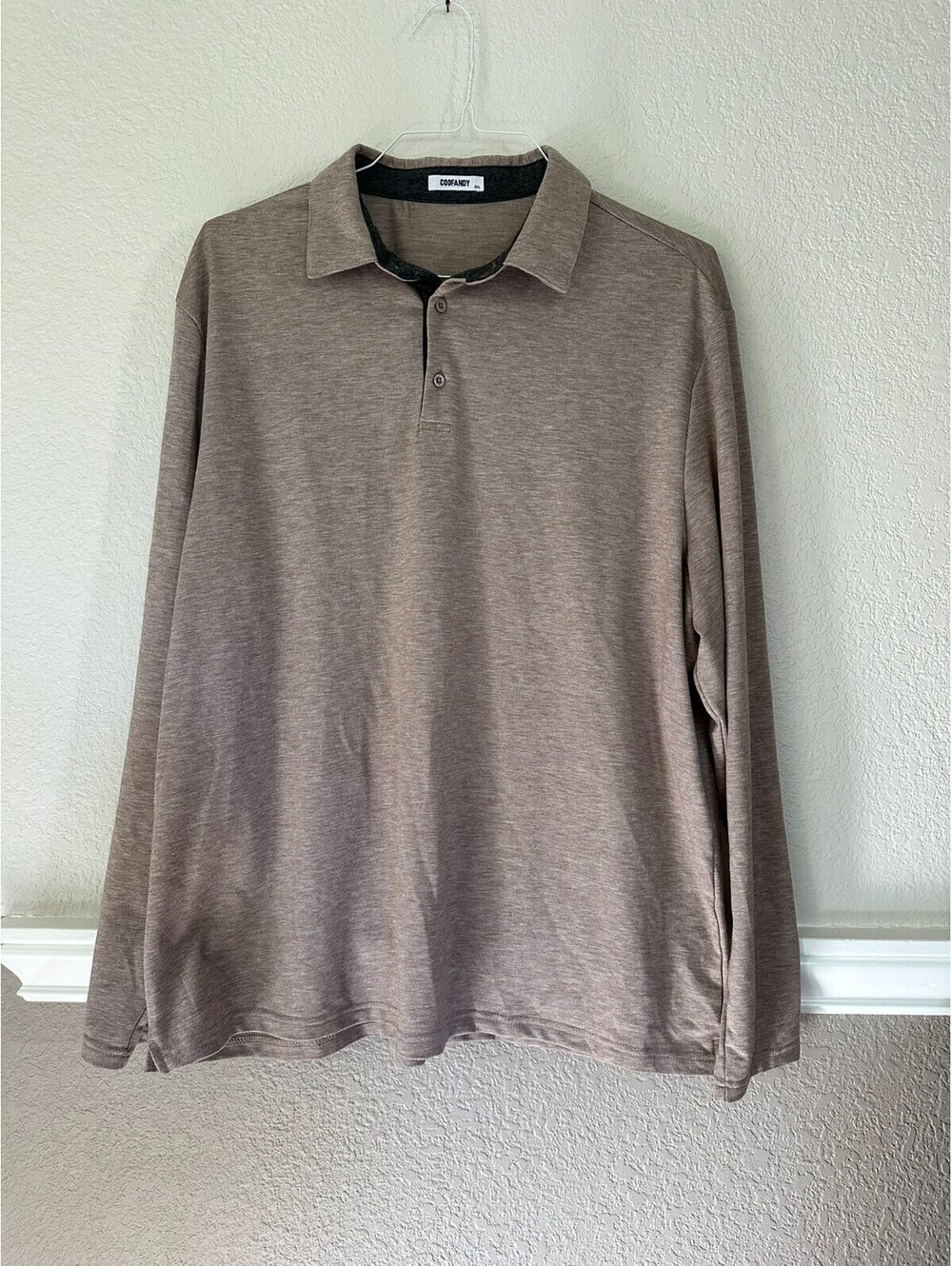 Coofandy Men's Size 2XL Polo Shirt Long Sleeve Heather Brown Trim Casual